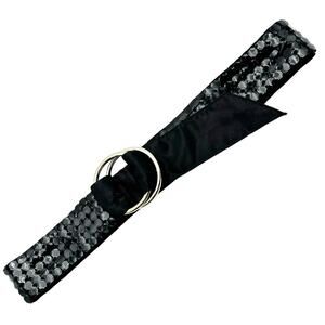 SHIH‎ SHIH Stephanie Lin Black Satin Sequin Silver Metal O-ring Tie Belt 40" y2k